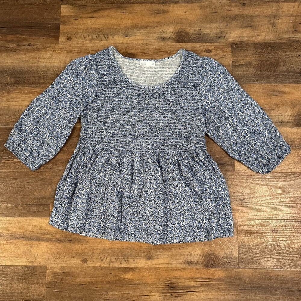 Croft & Barrow Blouse Plus 1X Blue White Floral Smocked Peplum Spring Office